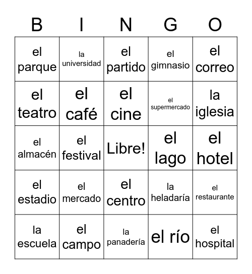 Spanish Around the Town Bingo Card