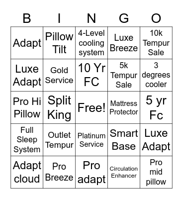 Tempur Bingo Card