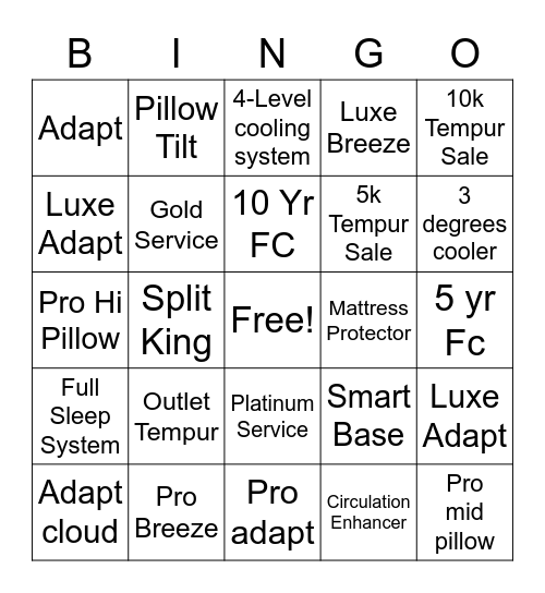 Tempur Bingo Card
