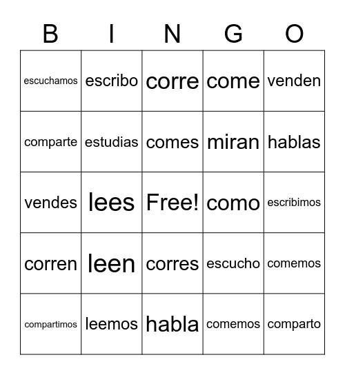 Regular verb bingo Card