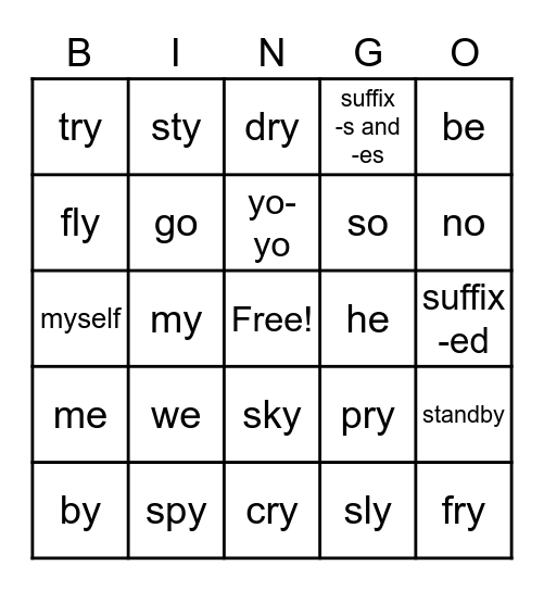 Open Syllable Words and y=/i/ Words Bingo Card