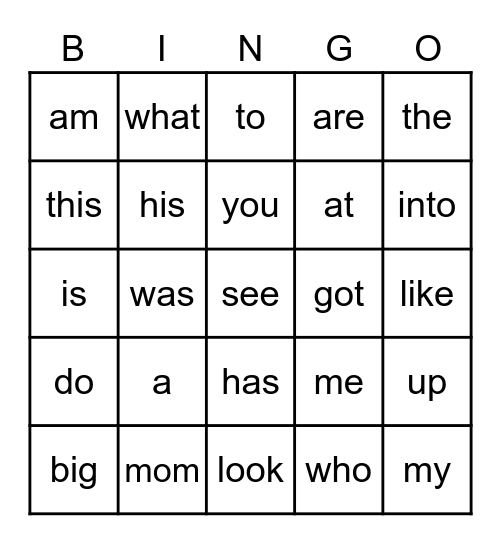 Sight Word Bingo - 1 Bingo Card