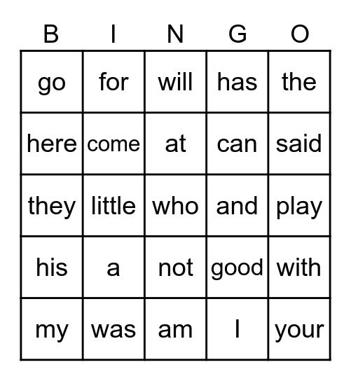Sight Word Bingo - 1 Bingo Card