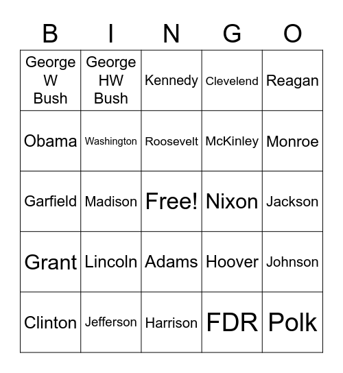 Presidents Bingo Card
