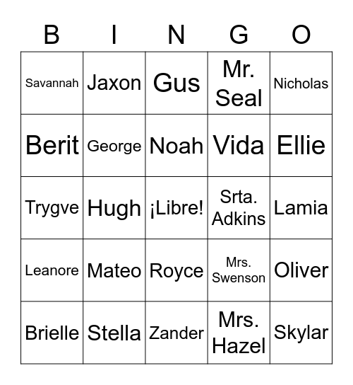 Bingo de Nombres Bingo Card