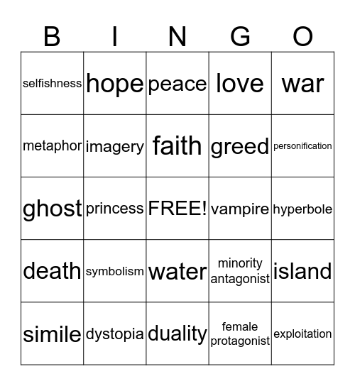 Literature Bingo Card