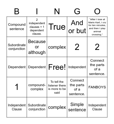 4 Sentence Structures Bingo Card