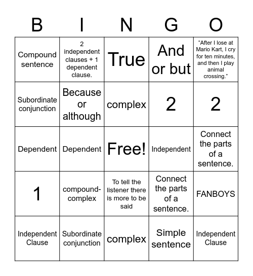 4 Sentence Structures Bingo Card