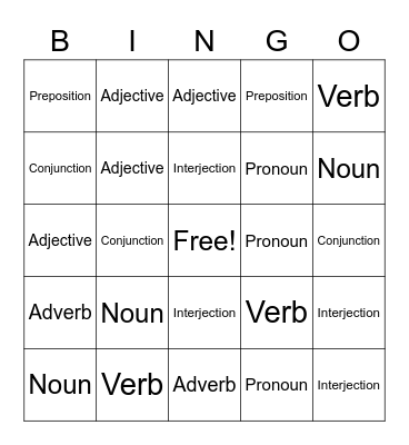 Parts of Speech Bingo Card