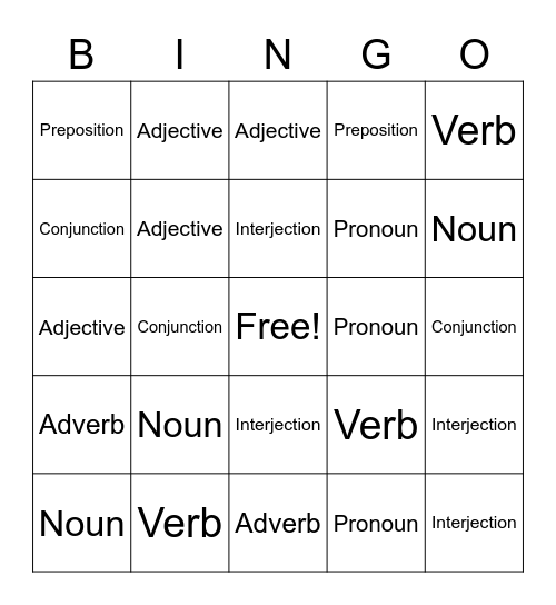 Parts of Speech Bingo Card