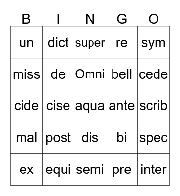 Caesar's English Bingo Card