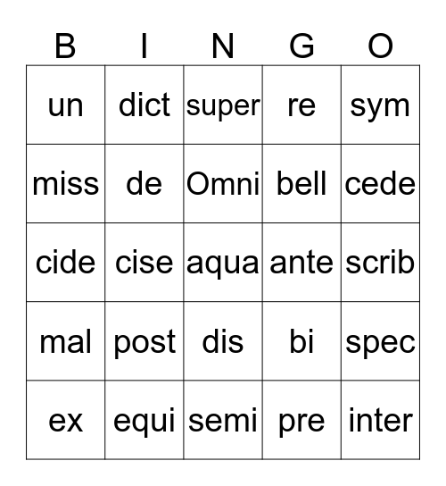 Caesar's English Bingo Card