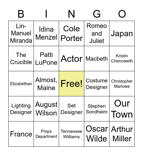 Theater Class Bingo! Bingo Card