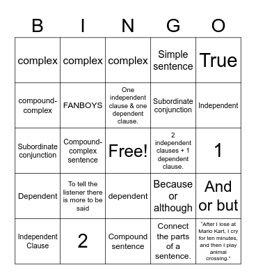 4 Types of Sent. Structure (review) Bingo Card