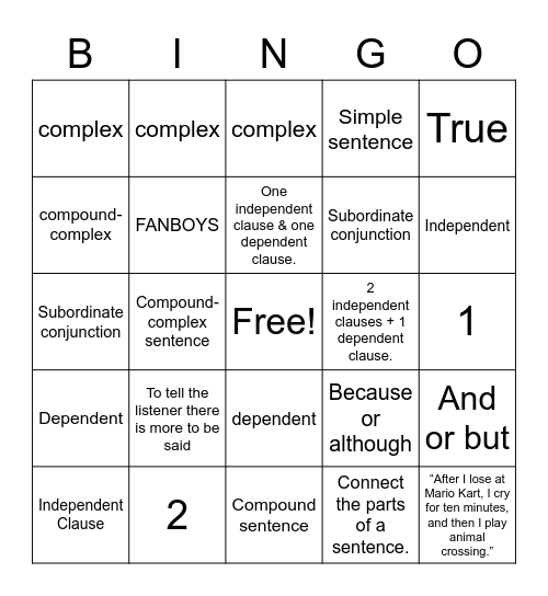 4 Types of Sent. Structure (review) Bingo Card