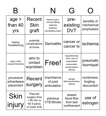 VTE Prevention Bingo Card