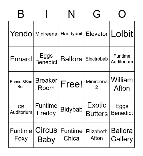 Fnaf Sl Bingo Card