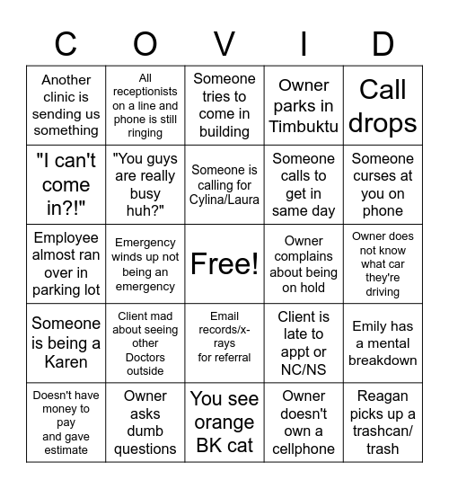 Vet Reception Bingo Card