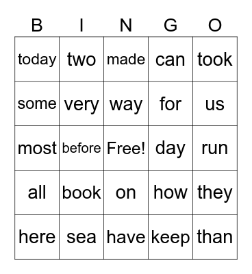 Sight Words Bingo Card