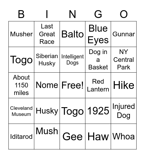 Iditarod Bingo Card