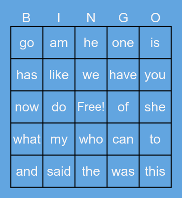 Sight Words Bingo Card