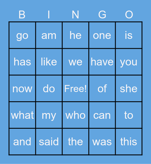 Sight Words Bingo Card