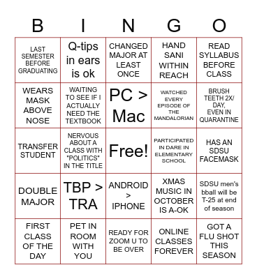 COMM422 FIRST DAY BINGO Card
