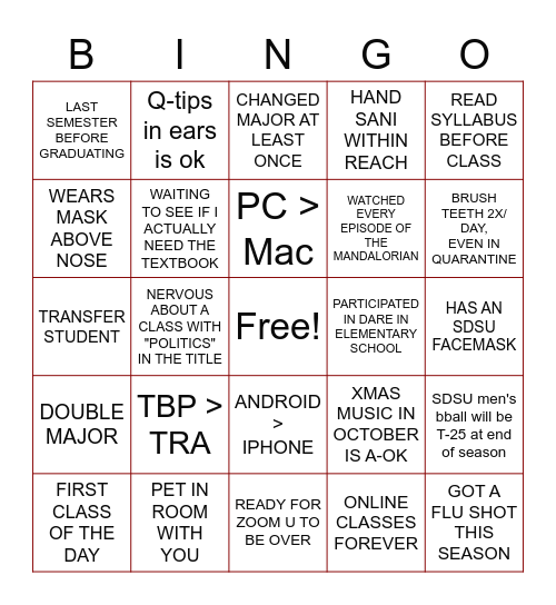 COMM422 FIRST DAY BINGO Card