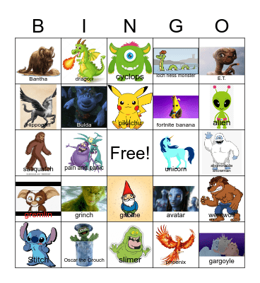 Creature Bingo Card