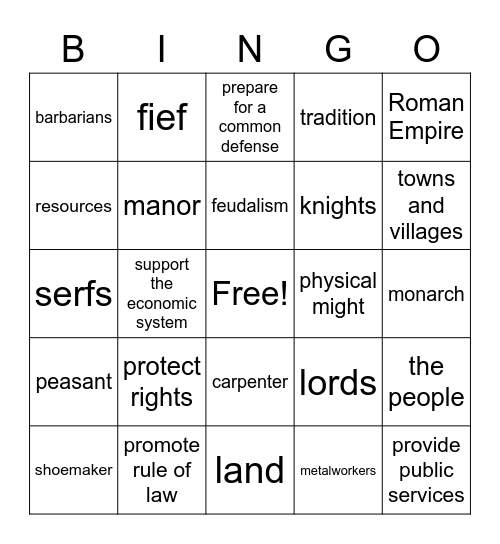 Feudalism Bingo Card