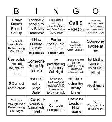 January Call Night! Bingo Card