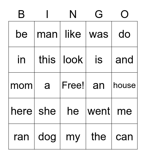 Snap Word Bingo Card
