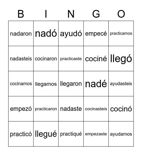 -ar verbs preterite Bingo Card