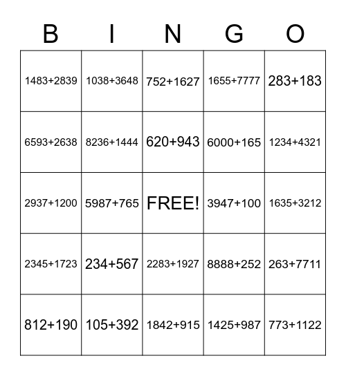 Addition Seatwork Practice Bingo Card