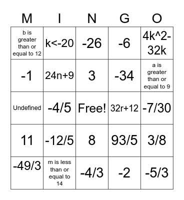 Algebra 1A Review Bingo Card