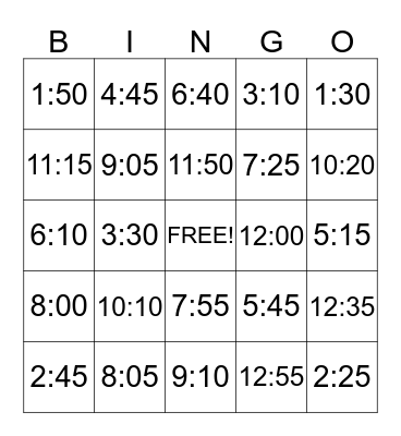 Telling Time Bingo Card