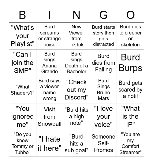 Burd's Stream Bingo Card