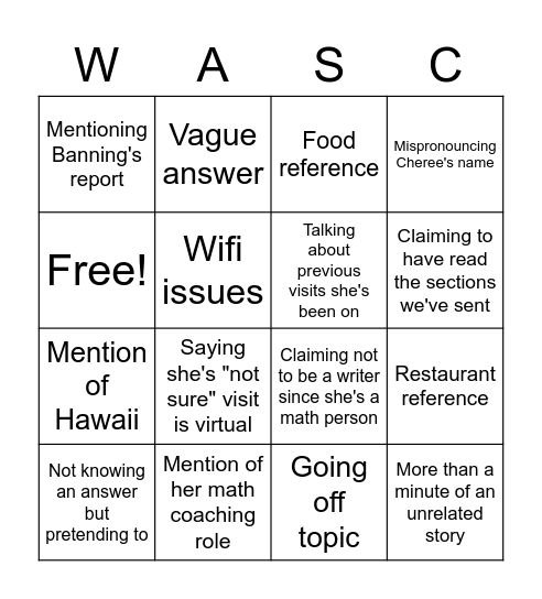 WASC Bingo Card