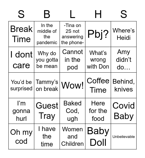 Sblhs Bingo Card