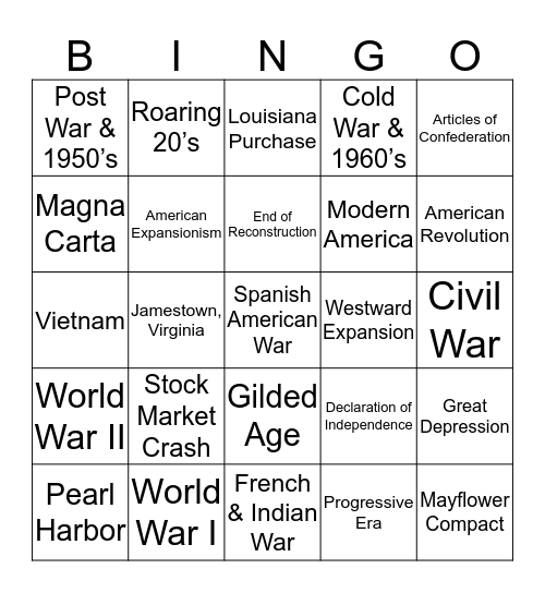 American History Bingo Card