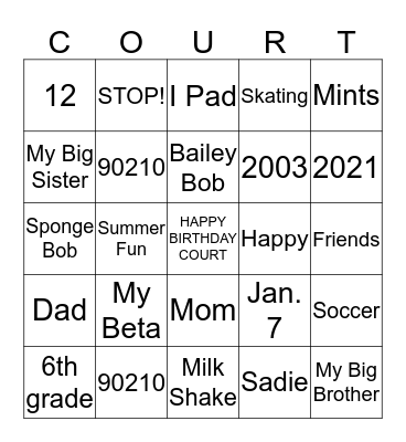 Courtney Bingo Card