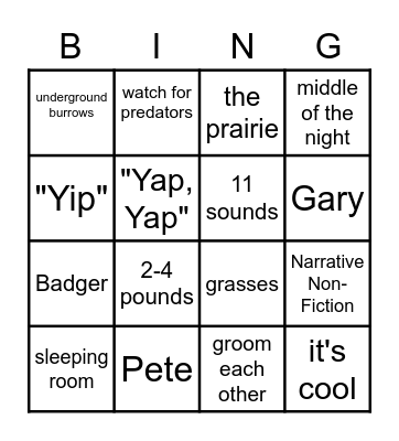 "A Prairie Guard Dog" Bingo Card