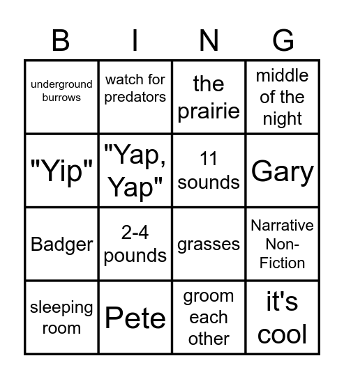 "A Prairie Guard Dog" Bingo Card