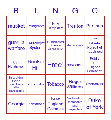English Colonies Bingo Card