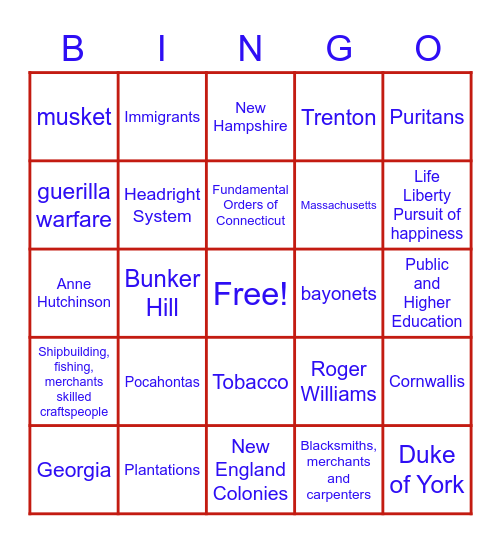 English Colonies Bingo Card