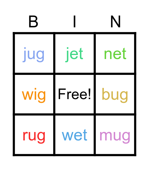 Rhyming Words Bingo Card