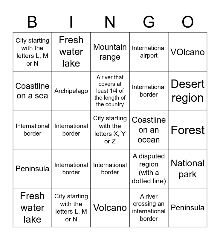 Geography bingo Card