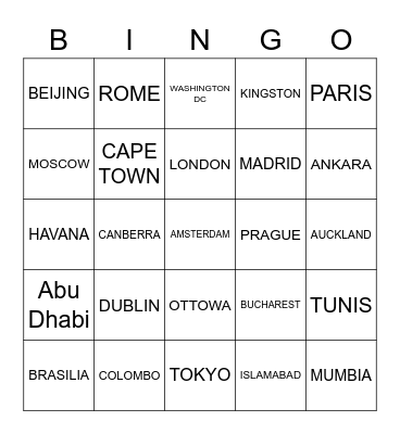 CAPITAL CITIES OF THE WORLD Bingo Card