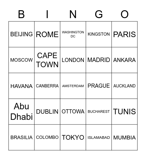 CAPITAL CITIES OF THE WORLD Bingo Card