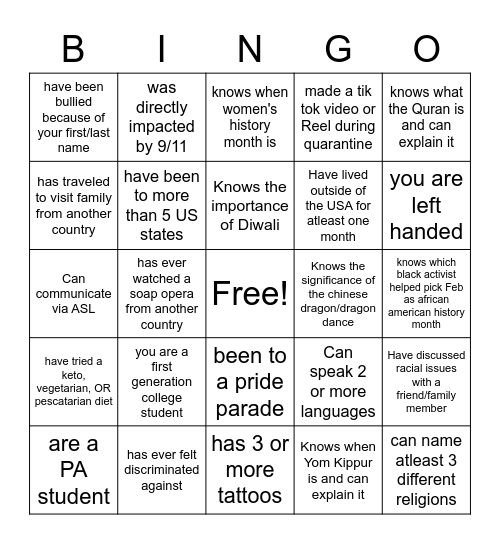 Cultural Bingo Card